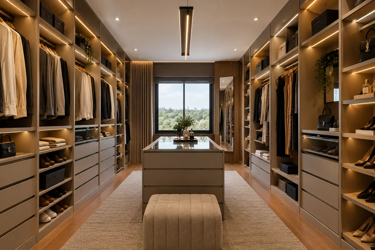 Closet em madeira com iluminação LED, gavetas, sapateira e ilha central