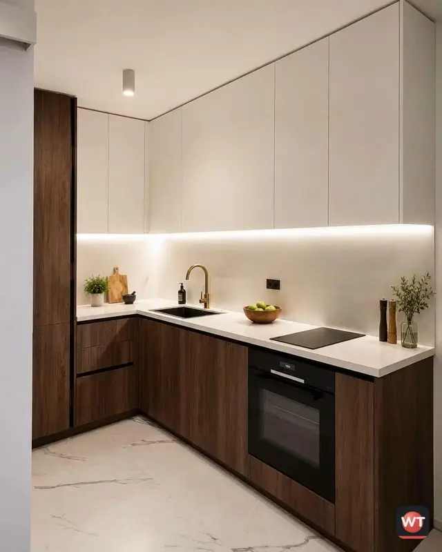 Cozinha em L com módulos inferiores em nogueira, armários superiores brancos e LED sob os armários