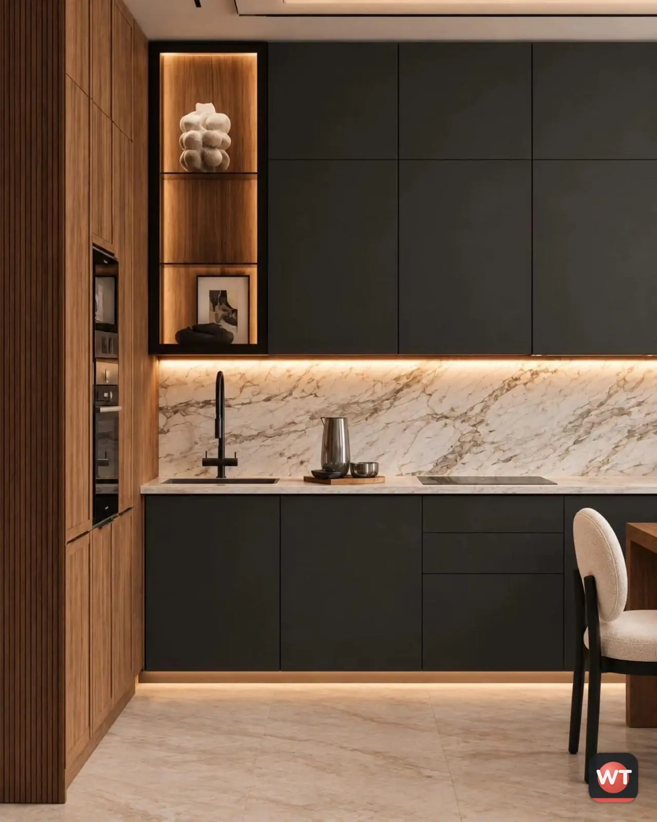 Cozinha com frentes pretas, colunas em nogueira e nicho iluminado com LED