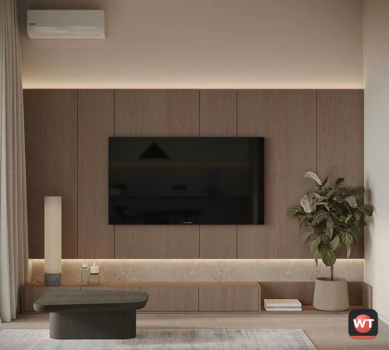 Sala com parede de TV revestida a nogueira, móvel baixo e luz LED