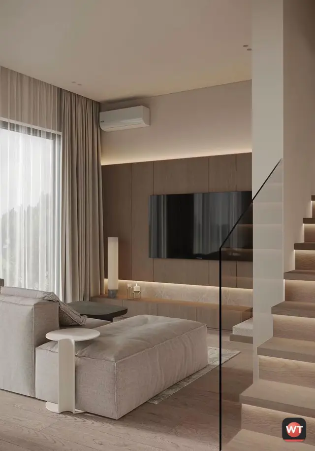 Sala com parede de TV em madeira e escada com degraus iluminados