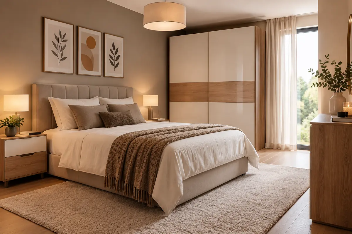 Quarto com cama estofada, mesas de cabeceira e roupeiro de portas de correr